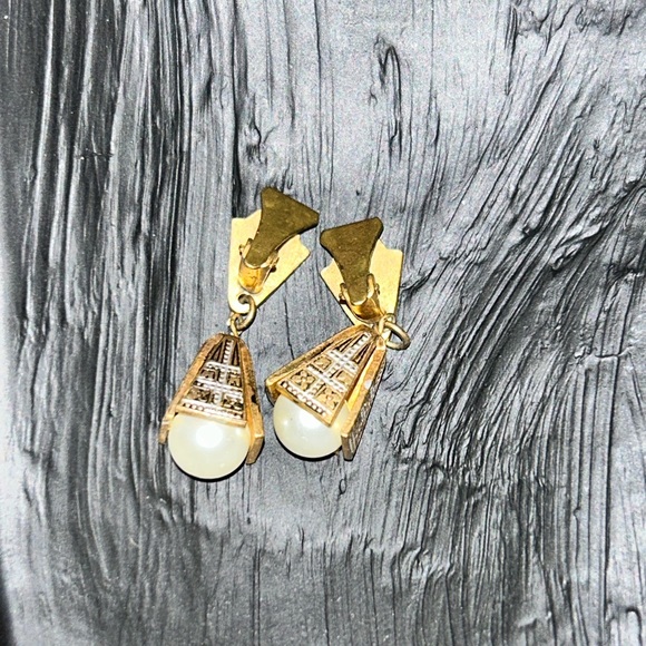 Spanish  Damascene earrings pearls golden souvenir toledo dangles - Picture 6 of 6